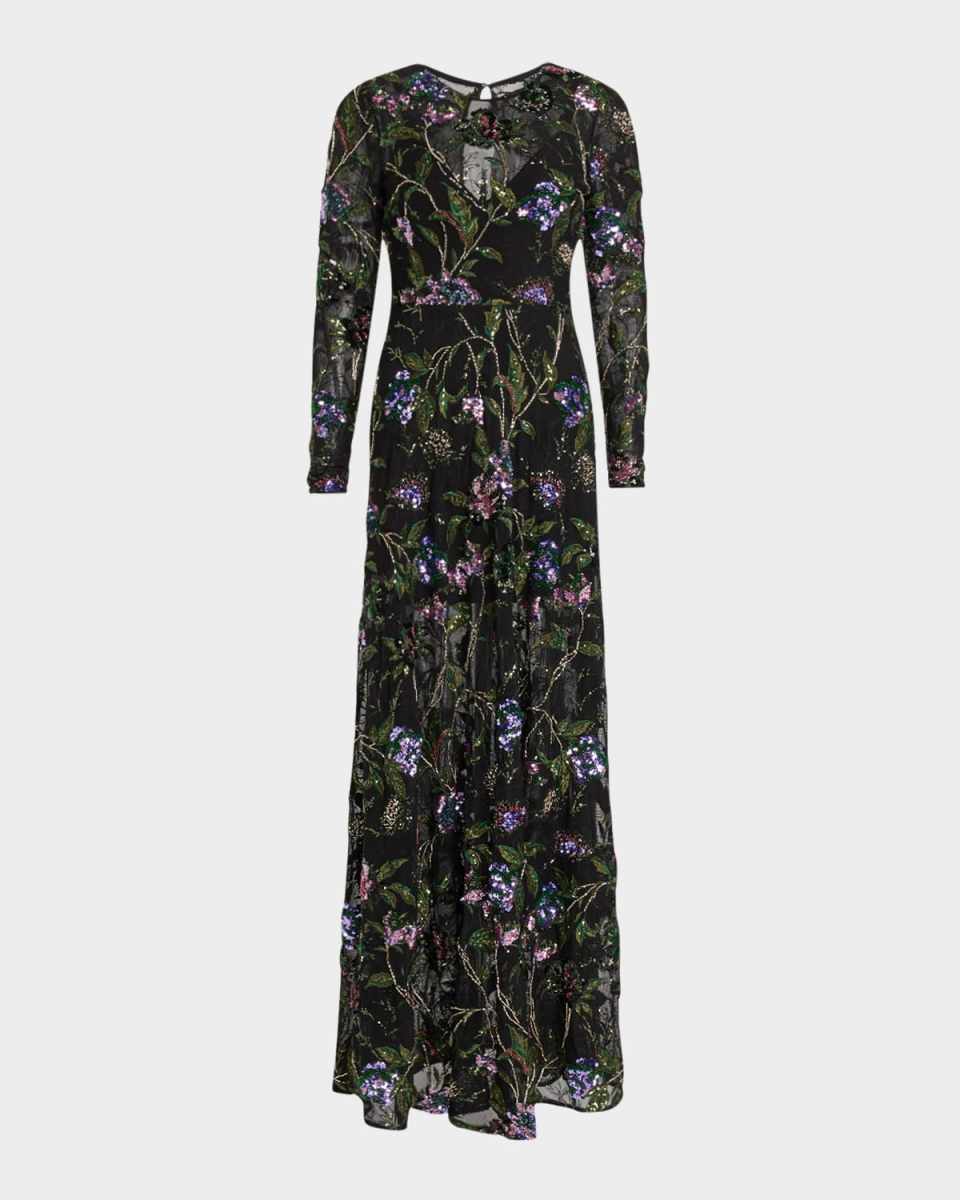 Ava Sequin & Bead Floral-Embroidered Gown